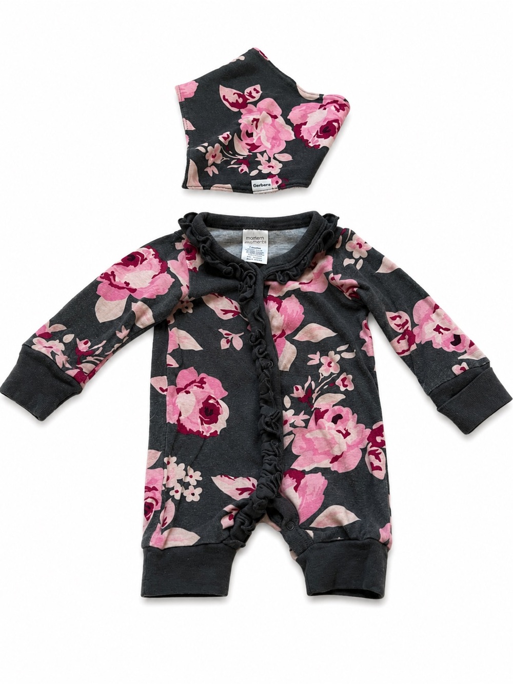 Gerber Black Floral Ruffle-Trim Baby One-Piece with Matching Bib